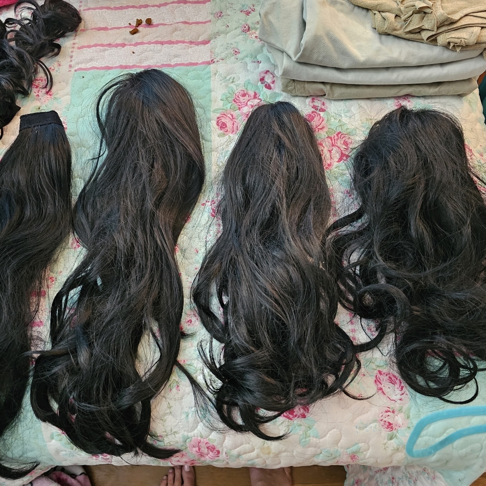 4 Black Clip In Hair Ponies, 1 Velcro Pony  ,2 Versible Long Wraps For Up dos - Picture 2 of 4
